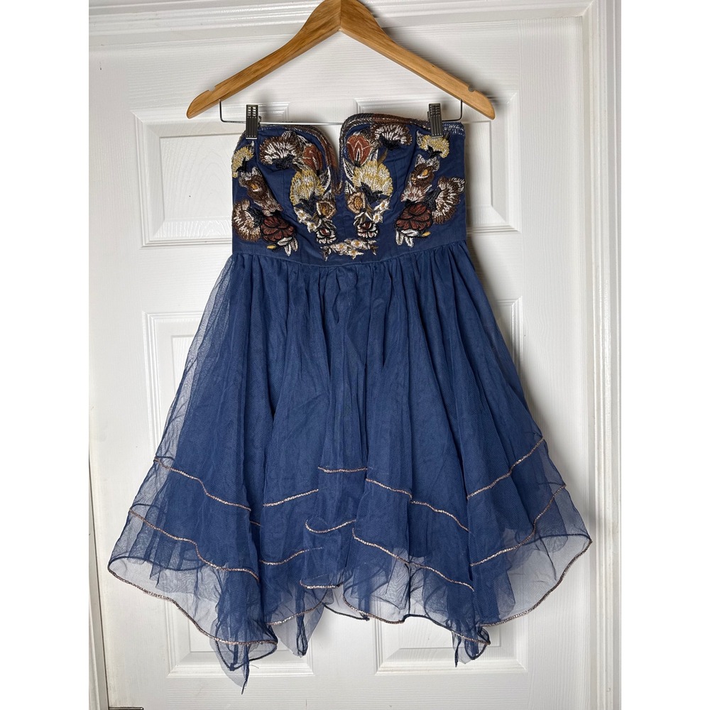 Free People Strapless Dress Womens 4 Navy Blue Embroidered Tulle Mini Boho